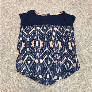 Rewind Blue and White Graphic Cap Sleeve Blouse